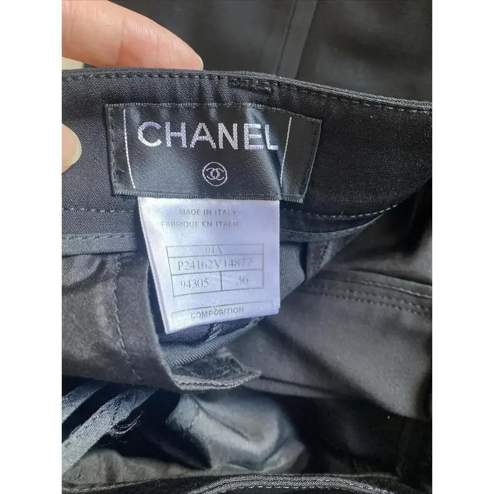 Vintage 04A Chanel FR-36/38 Pants Black Wool Silk Tuxedo Detail Trousers 2004